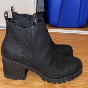 Chunky black heeled booties